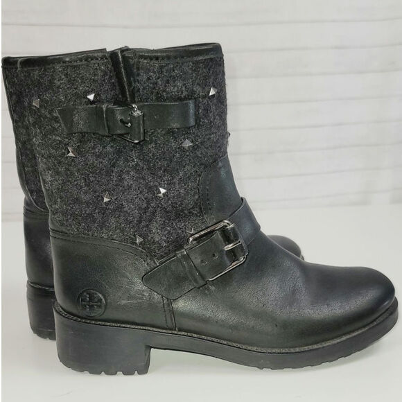 TORY BURCH CHRYSTIE GRAY WOOL STUD EMBELLISHED ANKLE BOOTS, SZ 6.5 - Picture 3 of 16